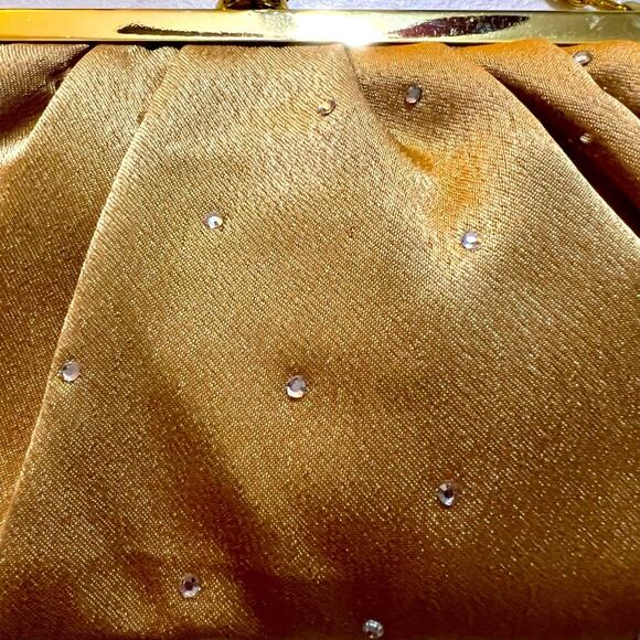 Vintage Gold Satin Rhinestone Jeweled Evening Bag Chain Strap Purse - Picture 4 of 8